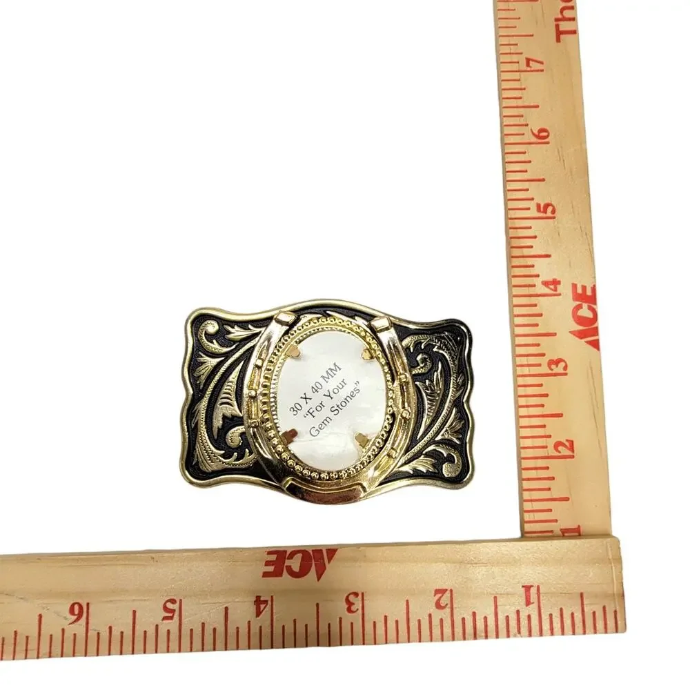 Western Horseshoe Belt Buckle Blank Floral Gold Black For 30x40mm Gemstone